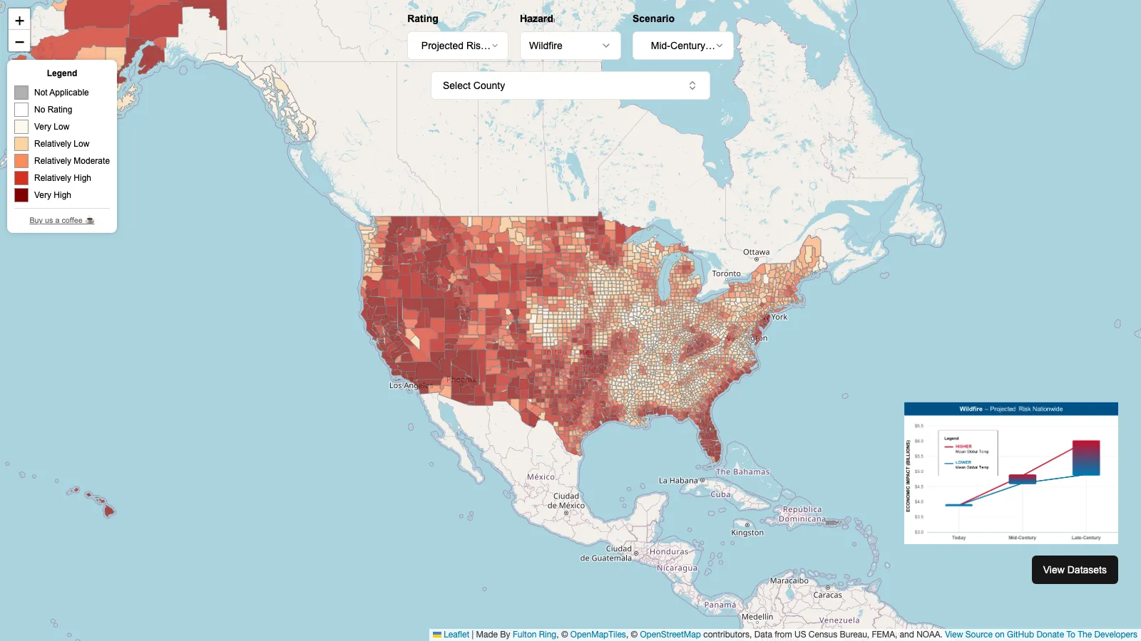 The rebuilt Future Risk Index showing projected wildfire risk by county across the United States