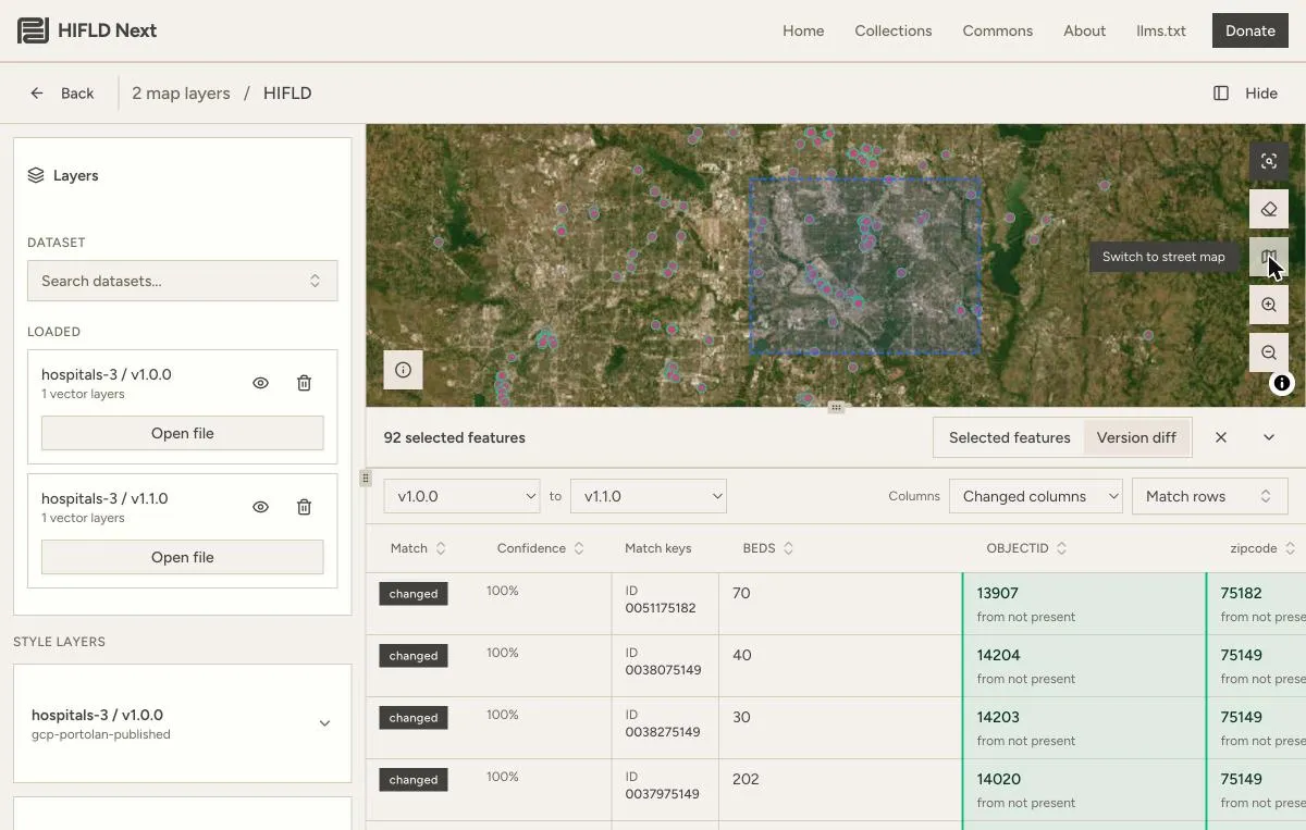 HIFLD Next map on satellite imagery with a dashed selection box drawn over central Dallas. Below the map, 92 selected features are listed in the Version diff tab with their changed bed counts, OBJECTID and zipcode values.