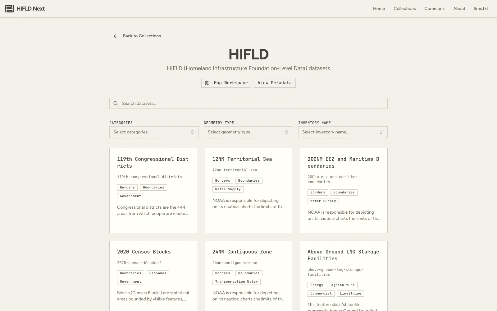 The HIFLD Next catalog listing preserved infrastructure datasets with categories and geometry types