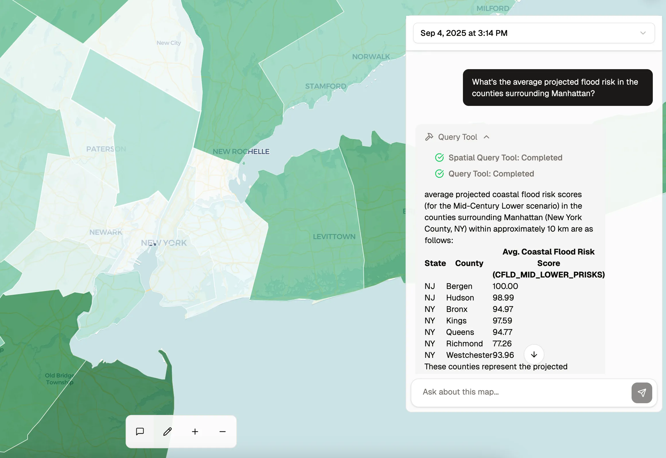 Marauders map workspace showing projected coastal flood risk around New York City beside a chat panel that answered a plain-language question with a county score table