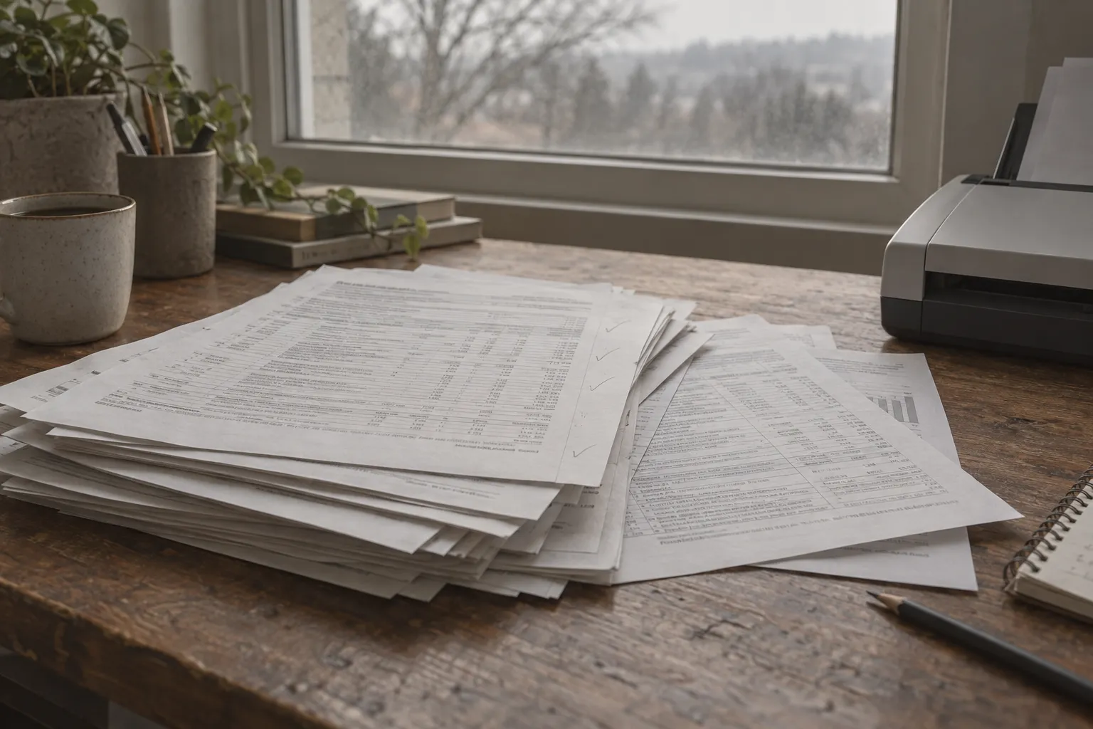 A stack of printed financial statements and tax forms on a wooden desk by a window, with a document scanner at the edge
