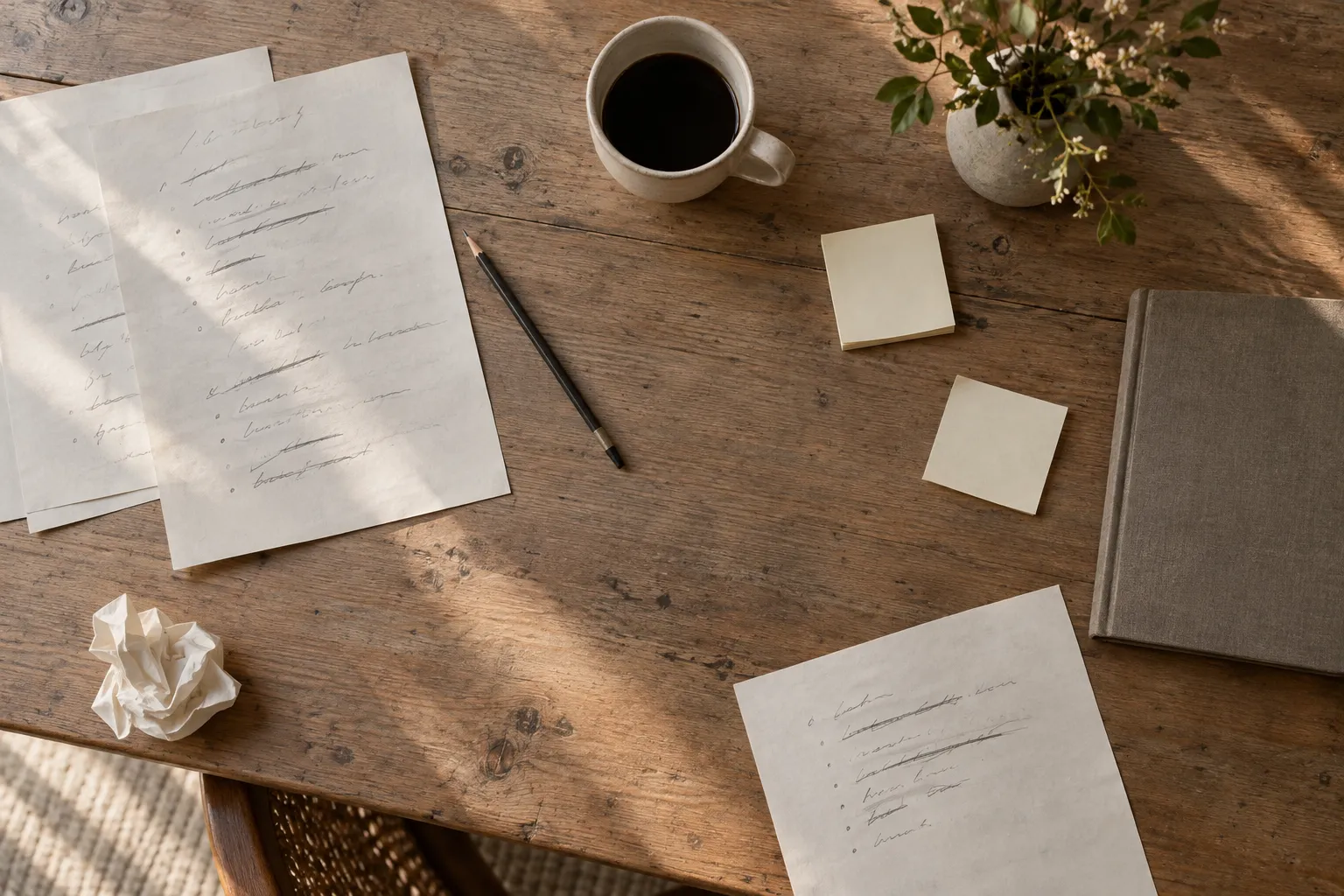 A meeting table after a working session, with handwritten lists, a pencil, sticky notes and a coffee cup